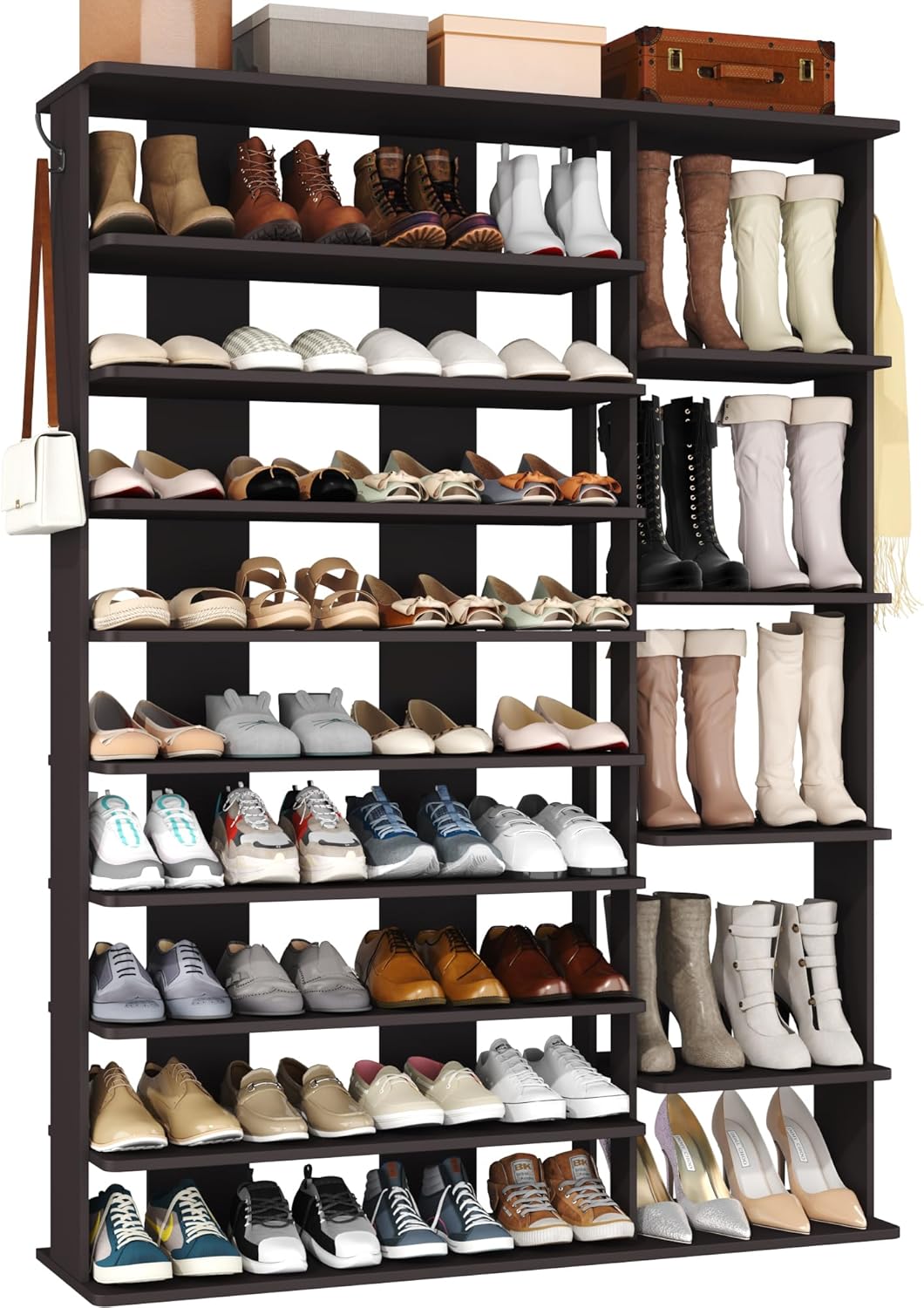 HOMEFORT 10 Tiers Shoe Rack, 50 Pairs Large Shoe Shelf, 61.8" Tall Shoe Tower, Freestanding Shoe Rack Organizer with Open Shelves, Wood Shoe Stand for Boot Storage, for Closet, Entryway, Espresso