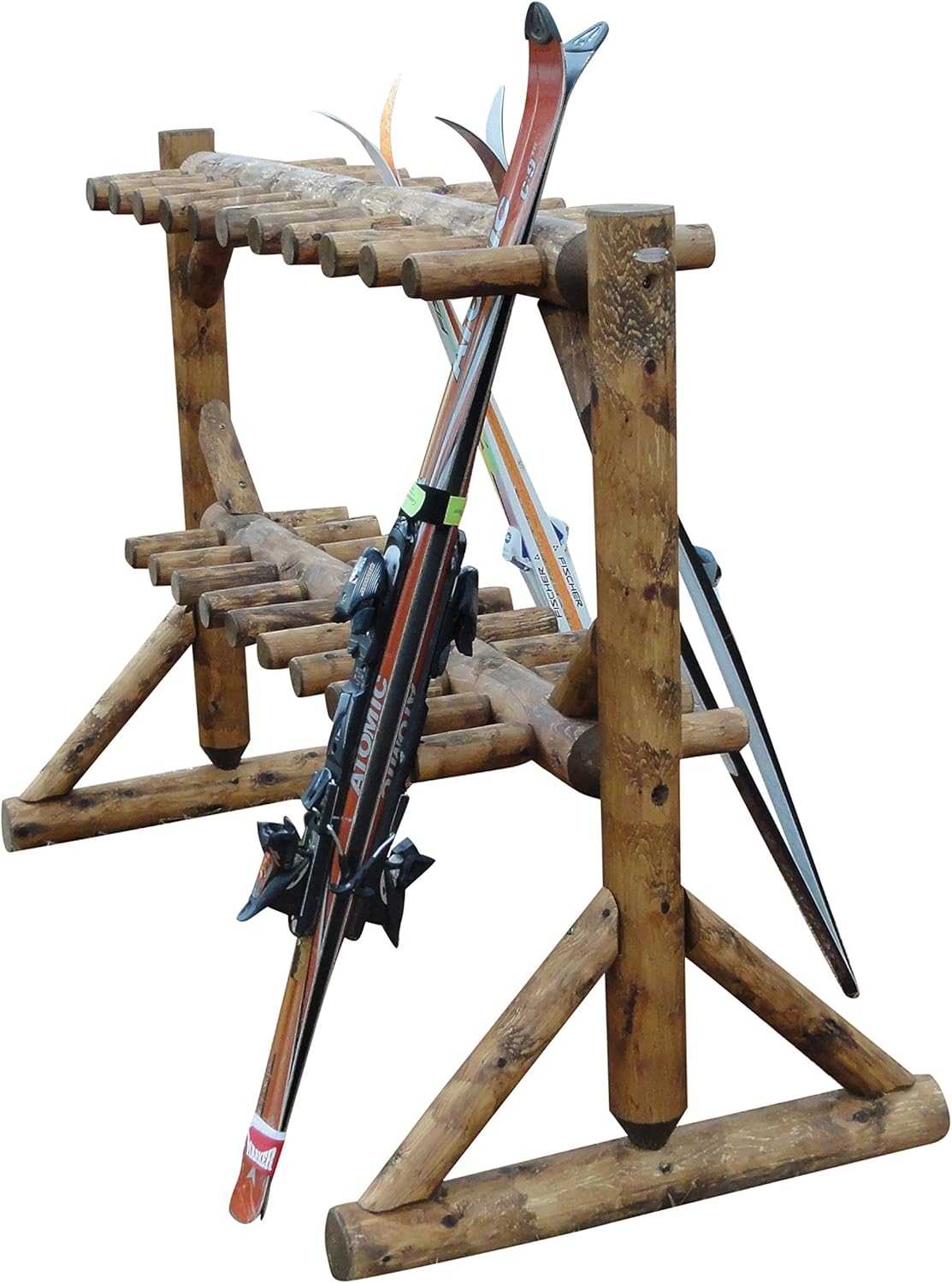 17-Place Freestanding Log Ski Rack Holder, Indoor & Outdoor Snowboard Racks, Standing Storage, Garage Racks for Snow Skis, Durable Snowboard Rack Garage Storage Organizer - Canyon Brown