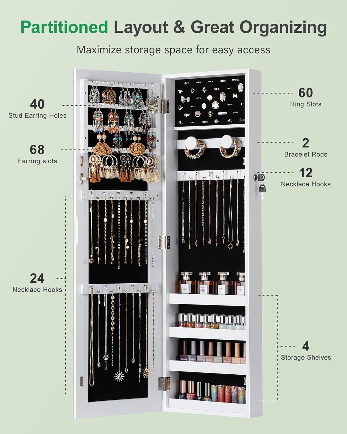 Nicetree Mirror Jewelry Cabinet, Jewelry Armoire with Full Length Mirror,Mirror with Jewelry Storage Wall/Door Mounted, Lockable Jewelry Armoire Organizer,White