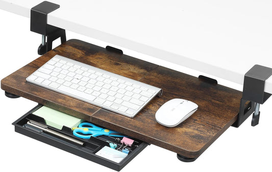 ETHU Keyboard Tray Under Desk, 19.7" X 11.81" Small Size Keyboard Drawer with C Clamp-on Mount Easy to Install, Computer Keyboard Stand Slide Pull Out, Ergonomic Keyboard Tray for Home, Office