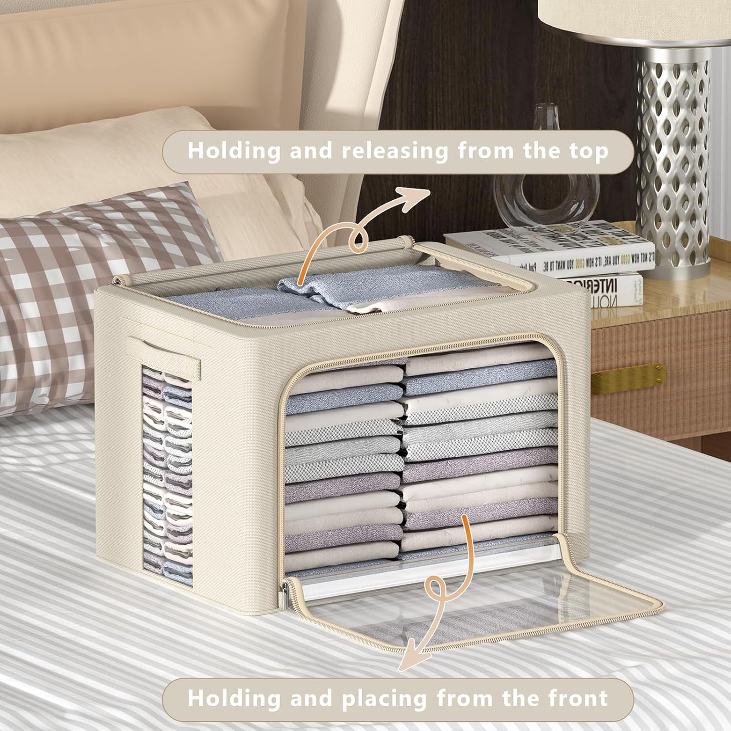 CYhom 3Pack Frame Storage Box - Clothes Storage Bin Bags Oxford Fabric Foldable Stackable Container Organizer Set with Clear Window & Carry Handles Large Capacity (Beige, Extra Large-100L)