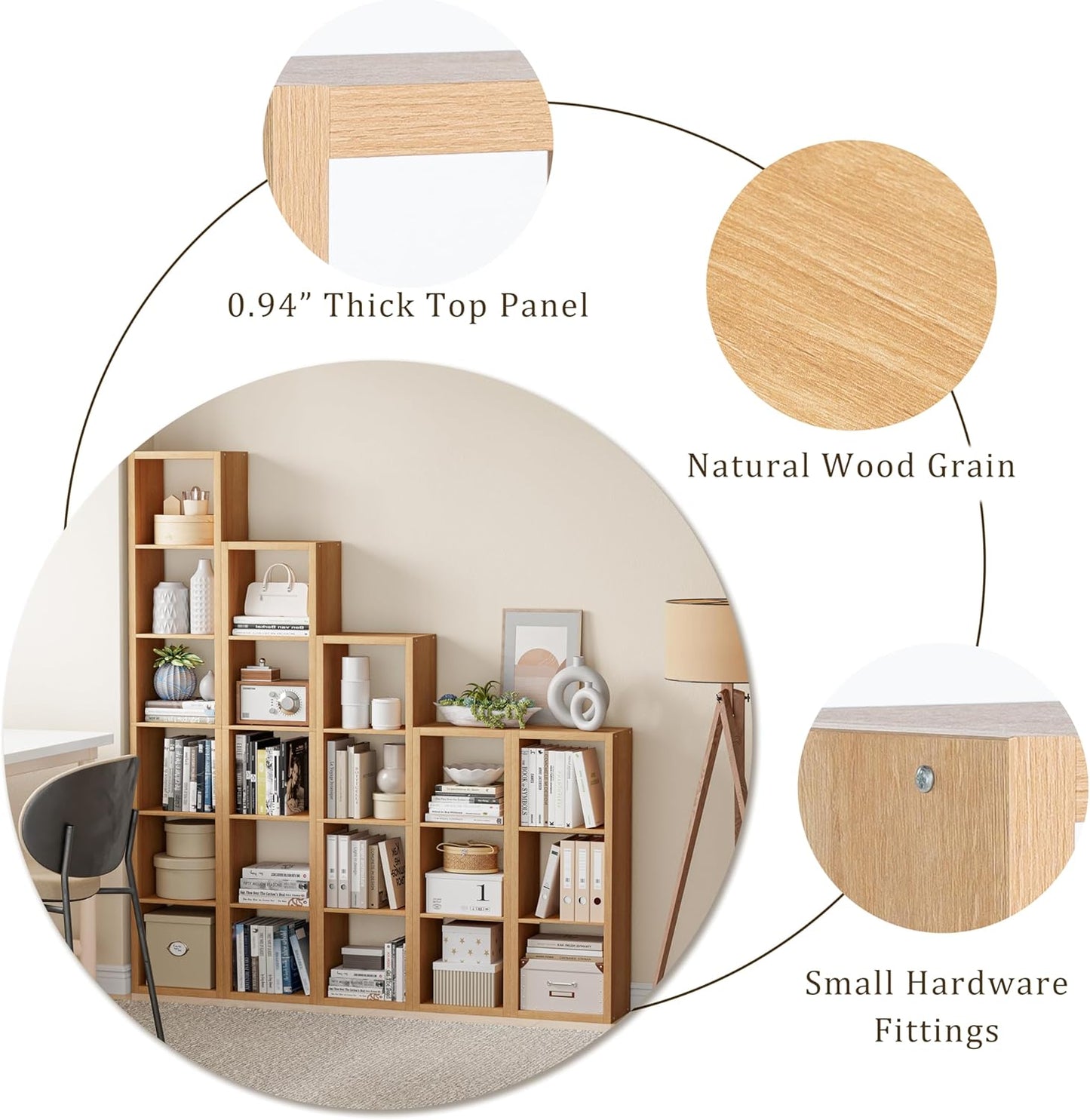 Tall Cube Storage Organizer Bookcase, 6 Tier 11 inch Open Back Cubical Shelf with Thickened Border, Display Bookshelf for Living Room, Home Office, Sturdy Room (Natural Oak, 6 Cube,Vertical)