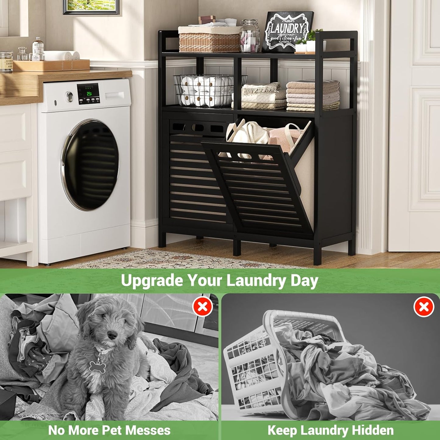 Homykic Tilt Out Laundry Hamper Cabinet, Bamboo Double Laundry Hamper with 2 Removable Laundry Baskets, 20 Gal Laundry Sorter Organizer with Shelf for Dirty Clothes, Bathroom, Laundry Room, Black