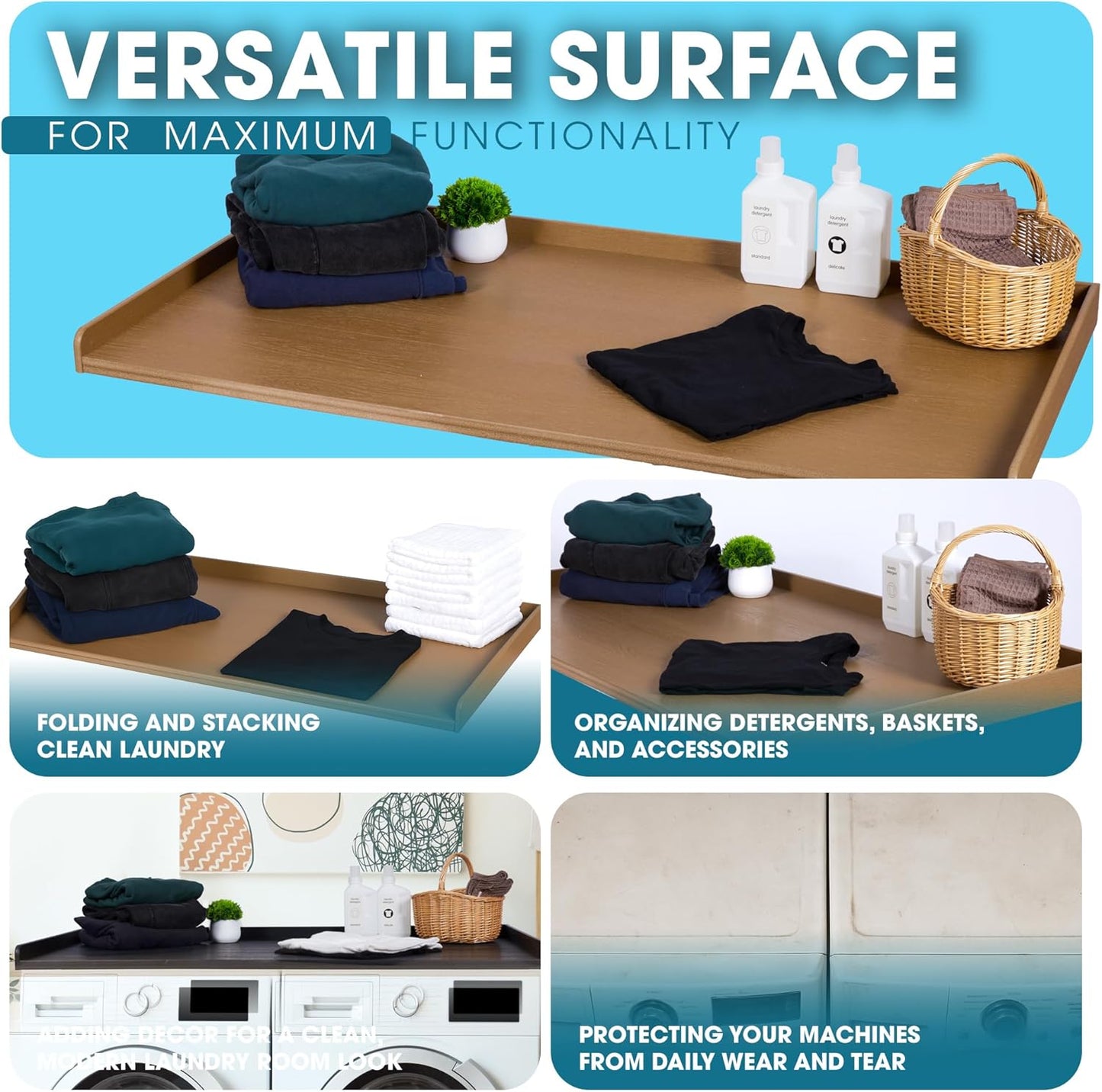 No-Installation HDPE Washer Dryer Countertop – Non-Slip, Anti-Scratch Laundry Topper | Water-Resistant Laundry Room Organizer | Durable, Easy-to-Clean, Modern Design for Washer and Dryer (teak)
