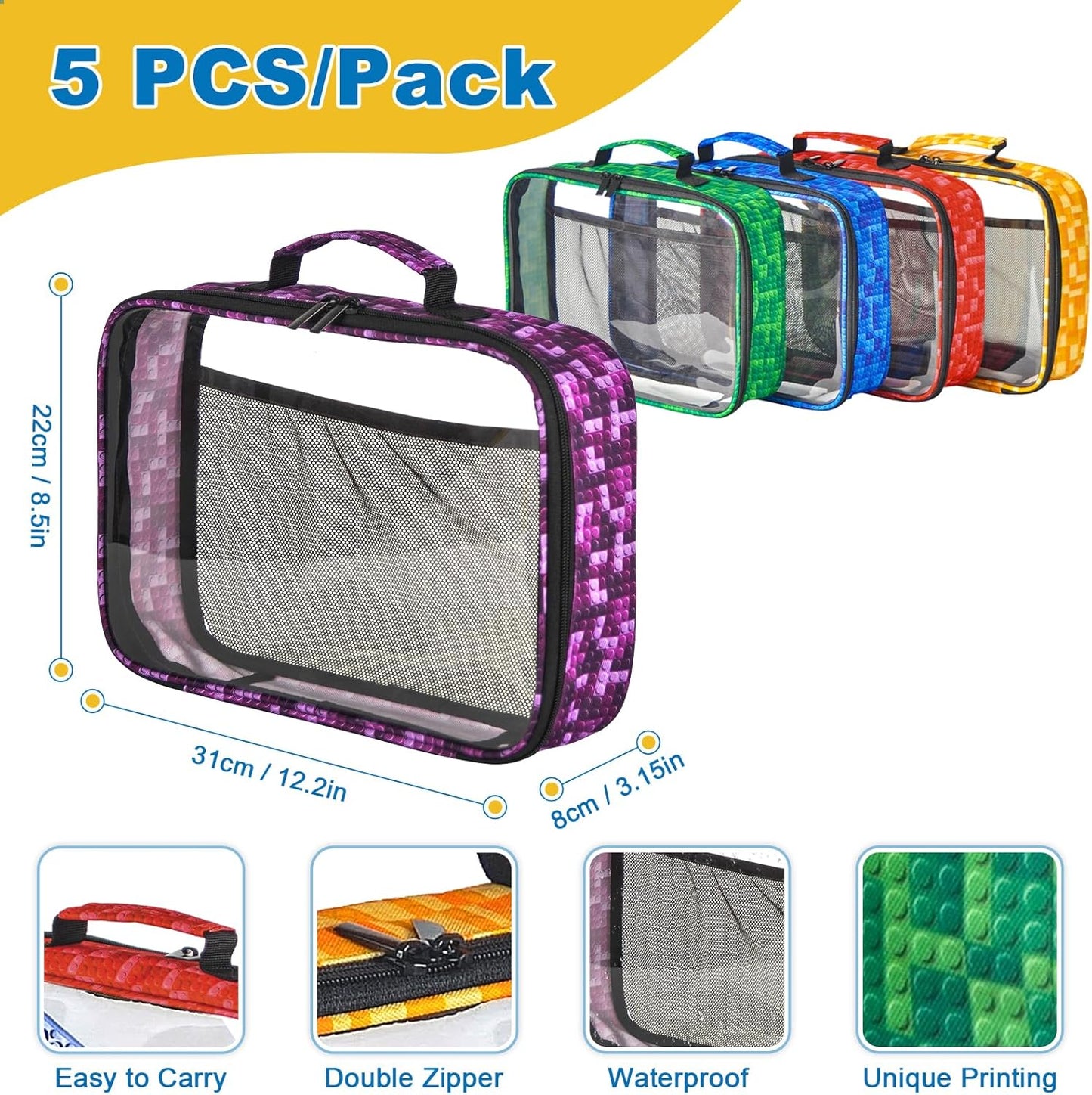 5 PCS Toys Storage Bags for kids,Travel Organizer Pouch Case for Toy Bricks, Puzzles, Building Blocks,Waterproof Colorful Print Design with Handle (Transparent)