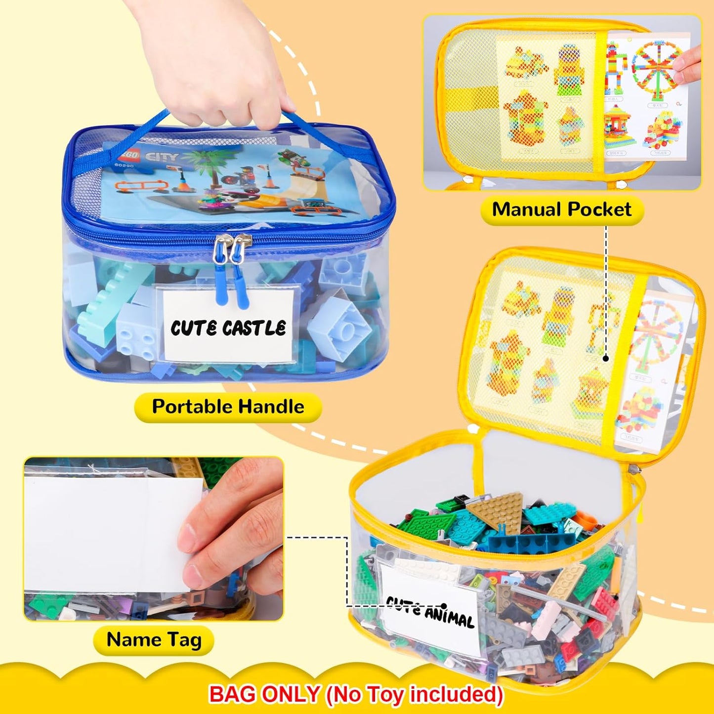 6 Pack Clear Toy Storage Bag with Name Tag& Manual Pocket, Waterproof Transparent PVC Toy Organizer Case for Lego Bricks, Board Games, Building Blocks, Puzzles (Large Capacity, Colorful)