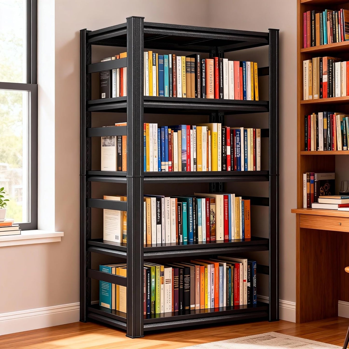 5 Tier Shelving Unit with Sides, Metal Metal Bookshelf,32" W x 16" D X 63”H Multi-Purpose Home Office Shelves,Decorative/Display/Storage & Organizer, Adjustable, Heavy Duty