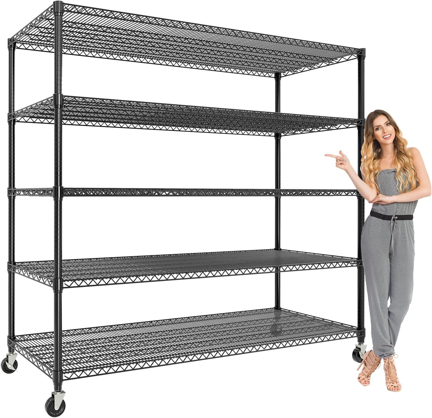 82" H Storage Shelves 3300LBS Heavy Duty Shelving Unit with Wheels & Feet, 5-Tiers Garage Shelving for Pantry Garage Kitchen Home Commercia, 82.6" H x 59" W x 23.9" D