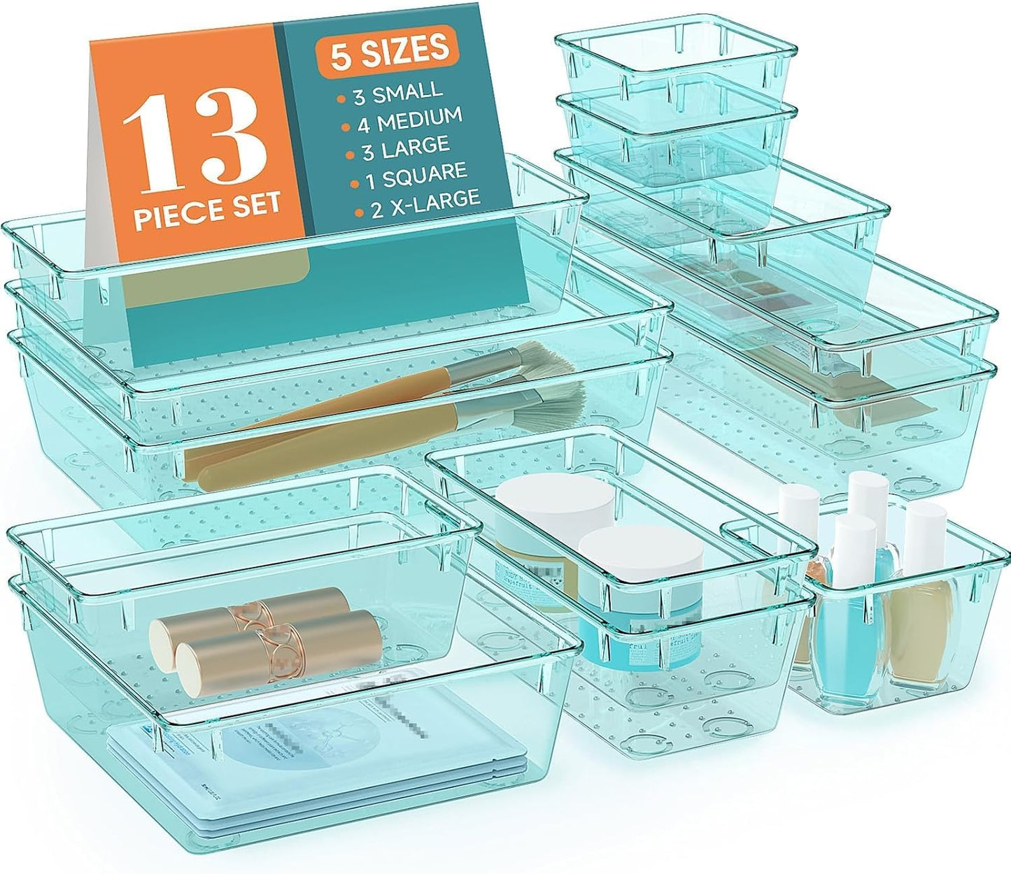 13 PCS Drawer Organizer Set, 5 Varied Size Bathroom and kitchen Drawer cabinet organizer Trays, Clear Storage Bins for Makeup, Jewelry, Utensils and Gadgets