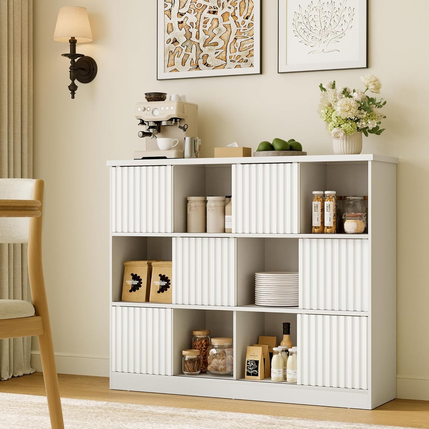 iPormis 12 Cube Bookcase with 6 Fluted Sliding Doors, 3 Tier Wooden Bookshelf, 47.2” Freestanding Cube Storage Organizer for Living Room, Office, Bedroom, Semi-Open Bookshelves, White