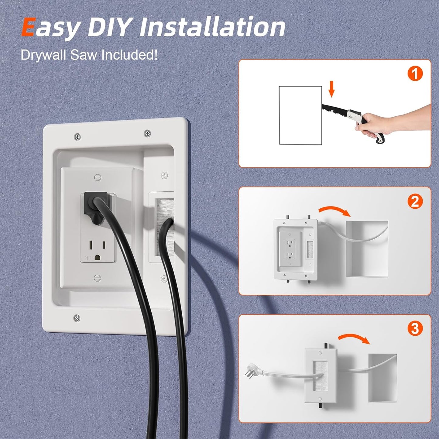 in Wall Cable Management Kit,TV Cable Hider Wall Kit with Brush Wall Plate and 9.8FT Cord,2 AC Outlets,Recessed Outlet Box for Wall Mount TV Home Theater Setups Cords Organizer