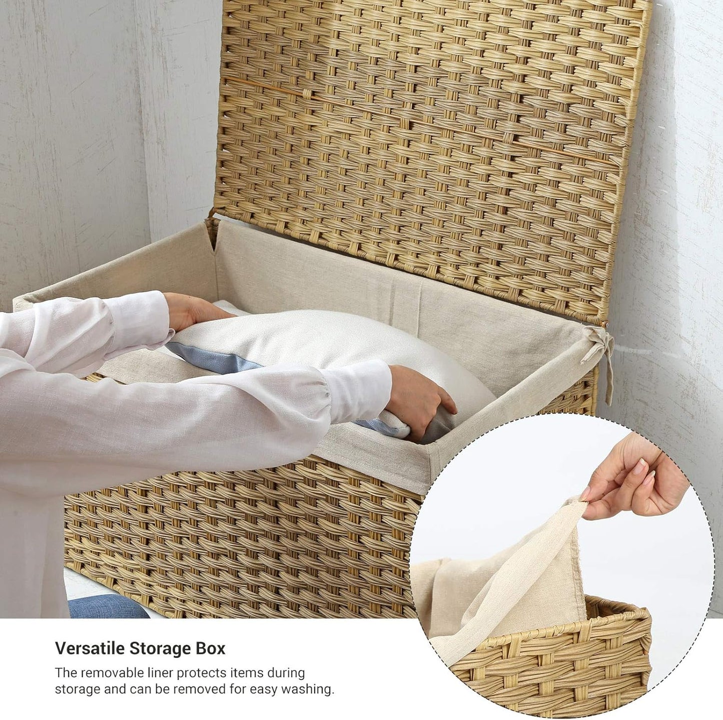 SONGMICS Storage Basket with Lid, Woven Blanket Storage Bin with Handles, Foldable, Removable Liner, Metal Frame, for Bedroom, Laundry Room, 42.3 Gallons (160 L), Natural URST76NL