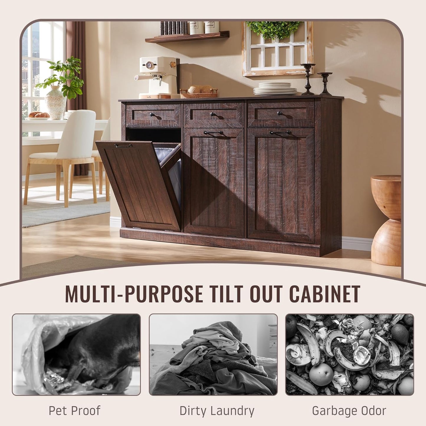 Triple Tilt Out Laundry Hamper Cabinet, 20 Gallon Farmhouse Trash Can Cabinet w/Drawer & Adjustable Shelf, Hidden Garbage Can Bin Cabinets w/Laundry Basket for Bathroom, Kitchen (Brown)