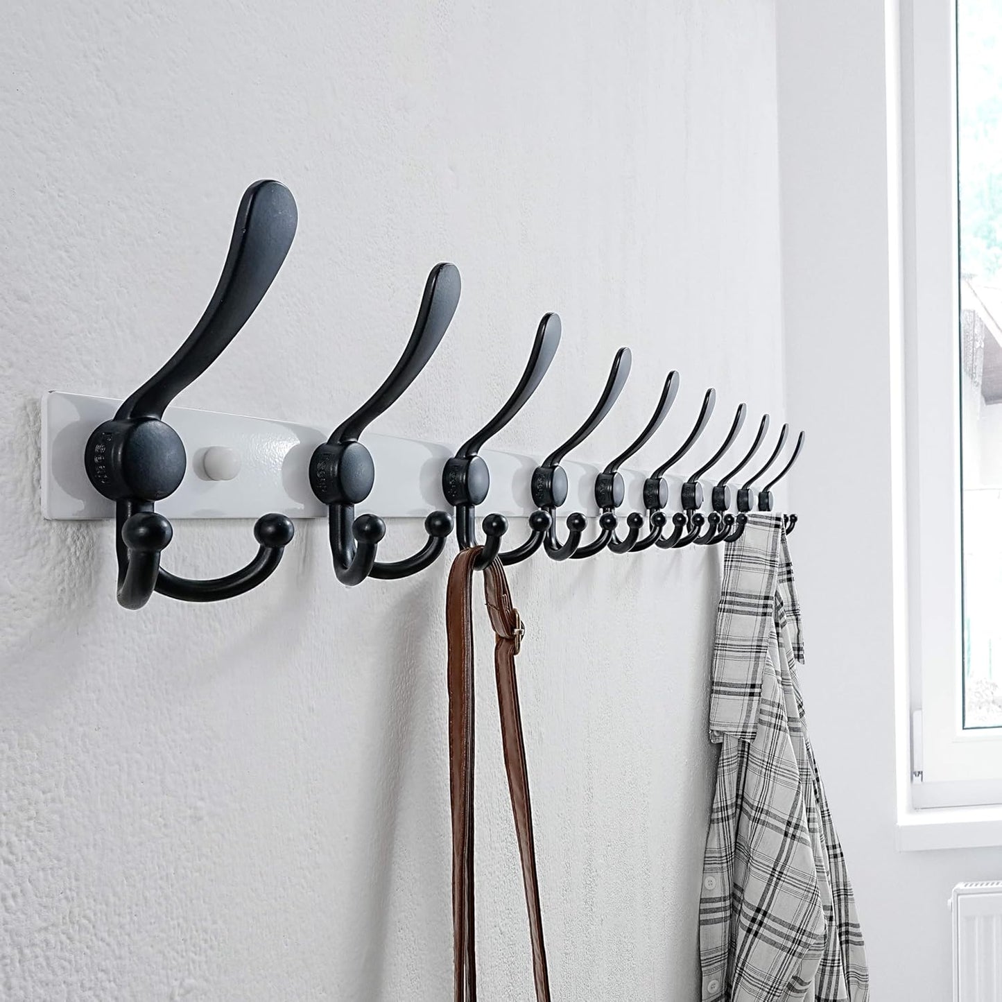 Dseap MaxStrong 2.0 Coat Rack Wall - 37” Long 10 Tri Hooks - Ultra Heavy-Duty Stainless Steel Wall Mount Coat Hanger, Hook Rail for Clothes Hats Jacket Towels White & Black, Pack of 2