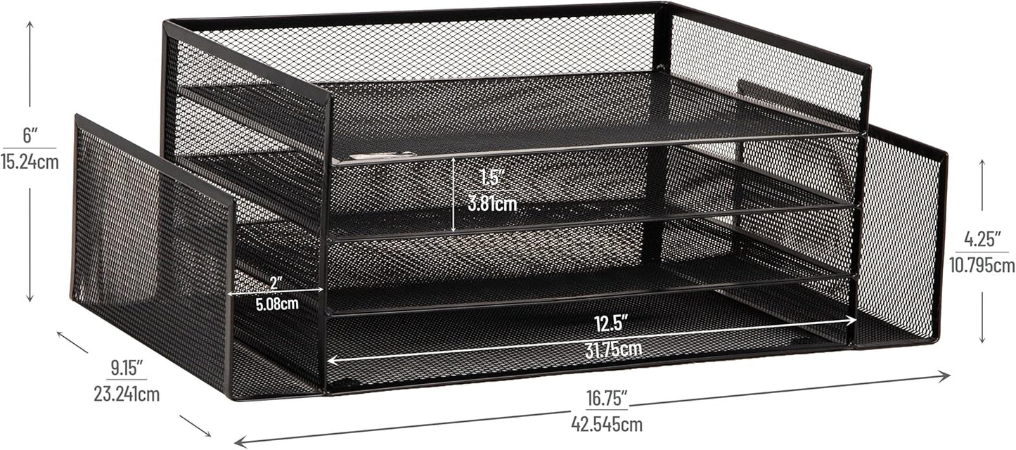 Mind Reader Desktop Organizer, File Storage, Paper Tray, Workspace, Office, Metal Mesh, 16.75"L x 9.15"W x 6"H, Black