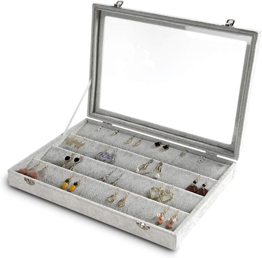 Frebeauty Earring Organizer Tray with Clear Lid 64 Slots Velvet Drawer Insert Earring Storage box with Transparent Glass lid Jewelry Display Case with lock Gifts for Girls Women (Grey, Earrings)