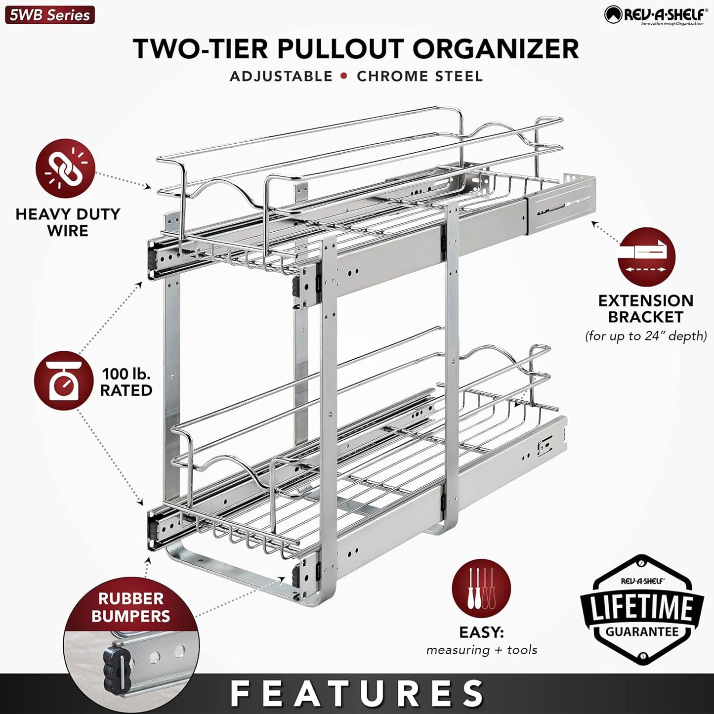 Rev-A-Shelf 2-Tier Kitchen Cabinet Pullout Shelf and Drawer Organizer Slide Out Pantry Storage Basket in Multiple Sizes, 9 x 22 In, 5WB2-0922CR-1