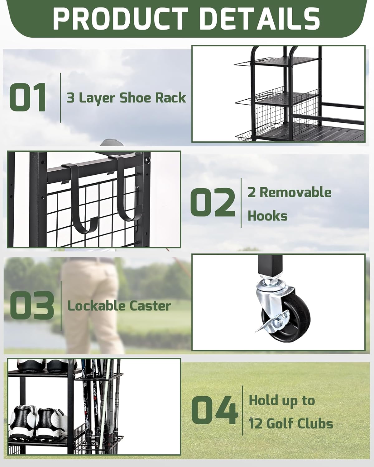 Golf Bag Storage Organizer Rack for Garage, 2 Golf Bag Stand with Rolling Wheels, Heavy-Duty Metal Golf Equipment Organizer for Home, Garage, Clubhouse