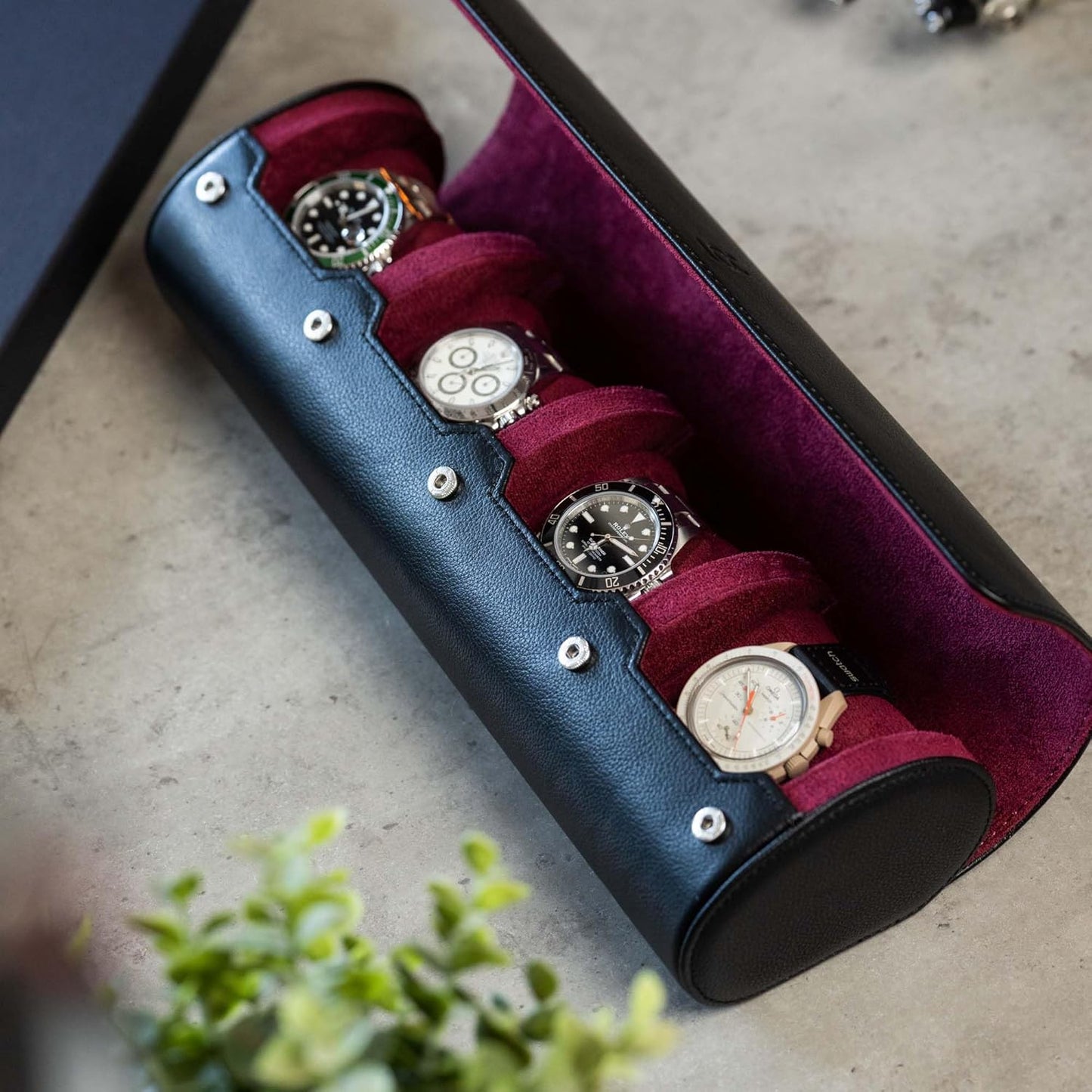 DailyWatch | Personalized Watch Roll Travel Case For 4 Watches - Handmade Genuine Leather Travel Case With Custom Engraving of Name or Initials - Black Cherry