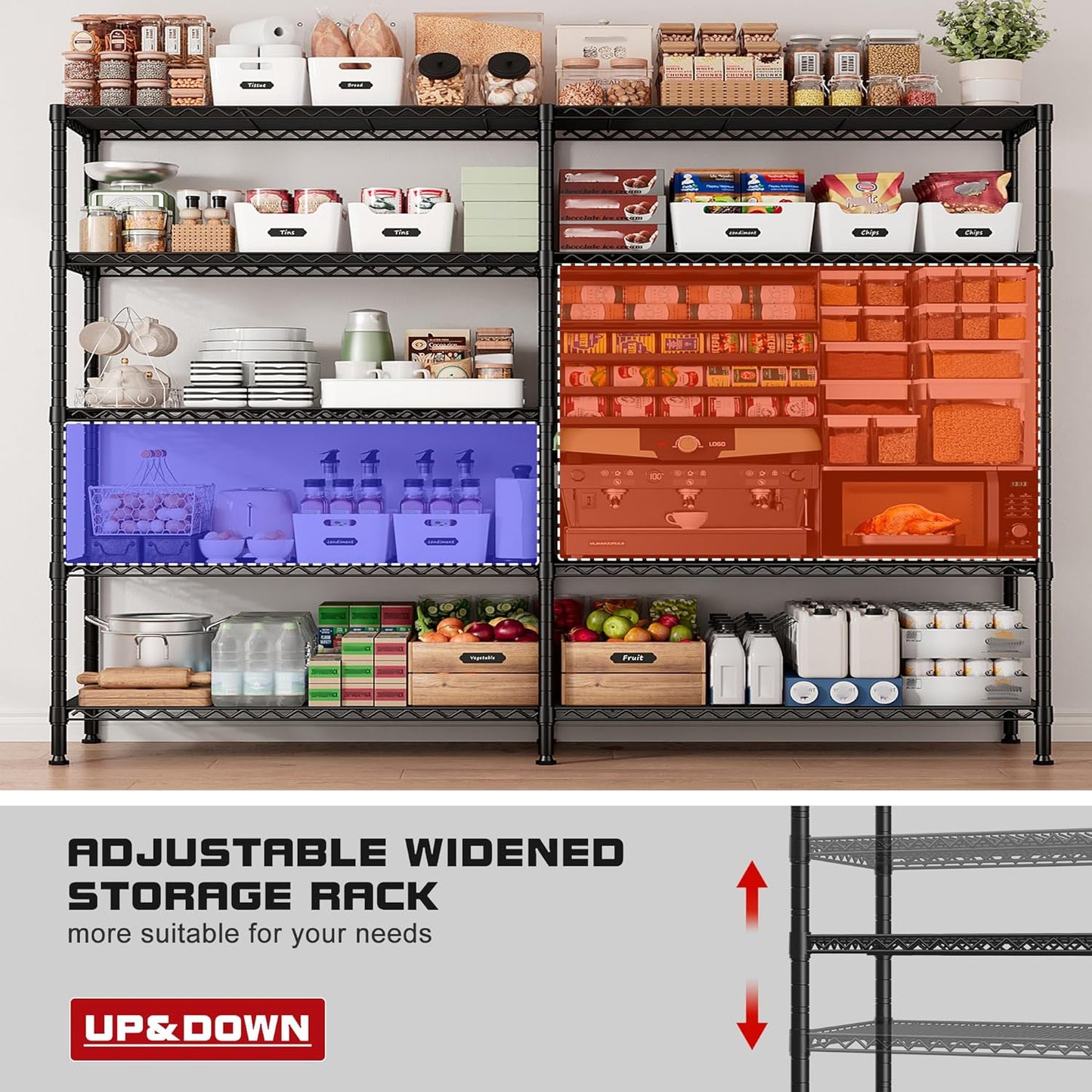 REIBII 73''W Storage Shelves Load 1650 LBS Metal Shelving 5-Tier Wire Shelving Unit, Adjustable Heavy Duty Metal Shelves Wire Shelf for Pantry Kitchen Industrial Garage, 17.7" D x 73" W x 71" H