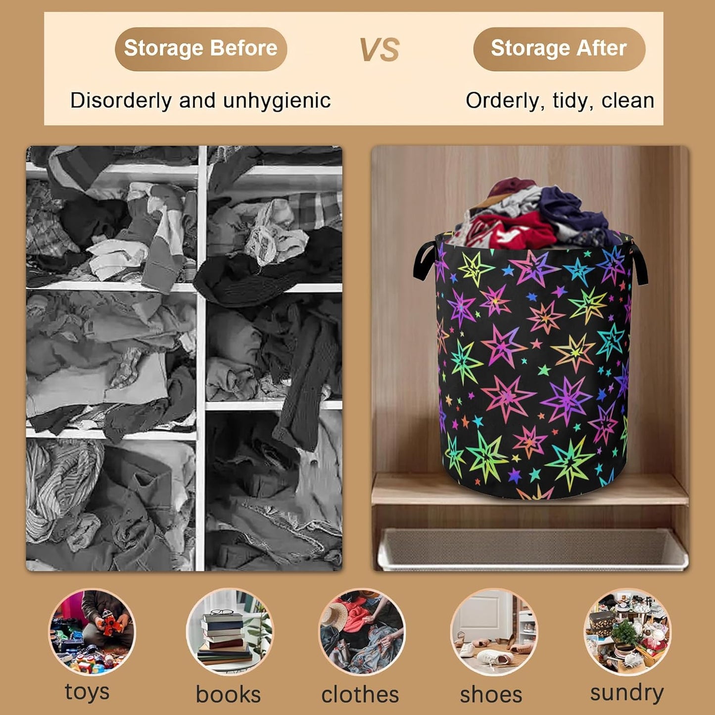 Laundry Hamper,Bright Neon Stars Laundry Basket,Waterproof Oxford Cloth Storage Basket with Handle for Clothes Books Nursery Home Storage Sundries 16"x20"