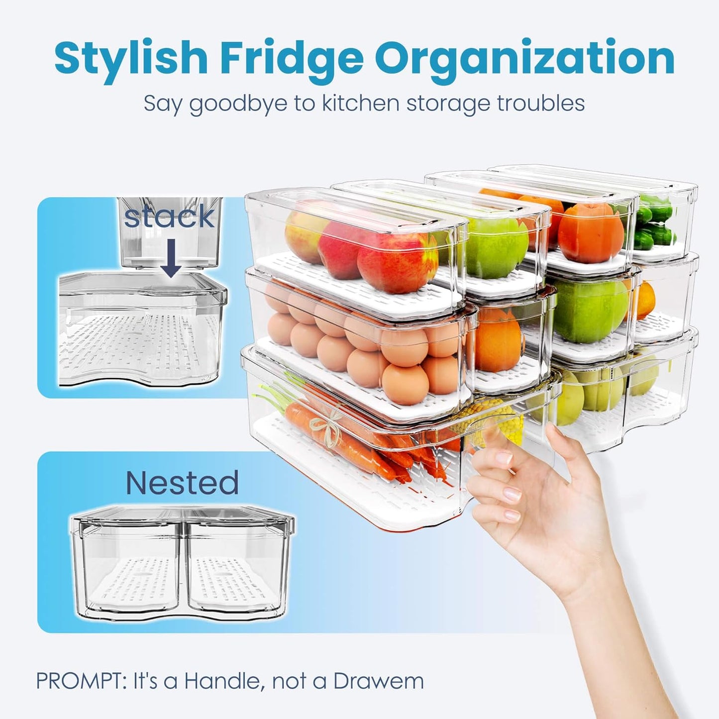 Fridge Organizers and Storage, 10 Pack Organizer Bins with Lids, Stackable Storage Containers for Fruits, Vegetable (Set of 10)