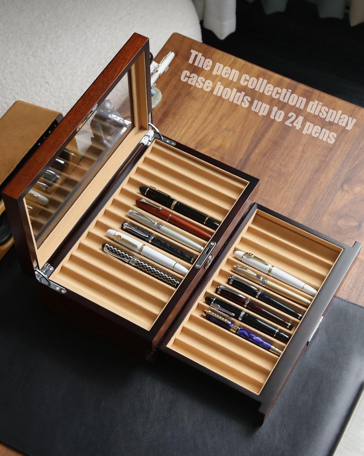 Wood Fountain Pen Case, 24 Slot Storage Organizer with Drawer, Glass Top Display Box for Collection