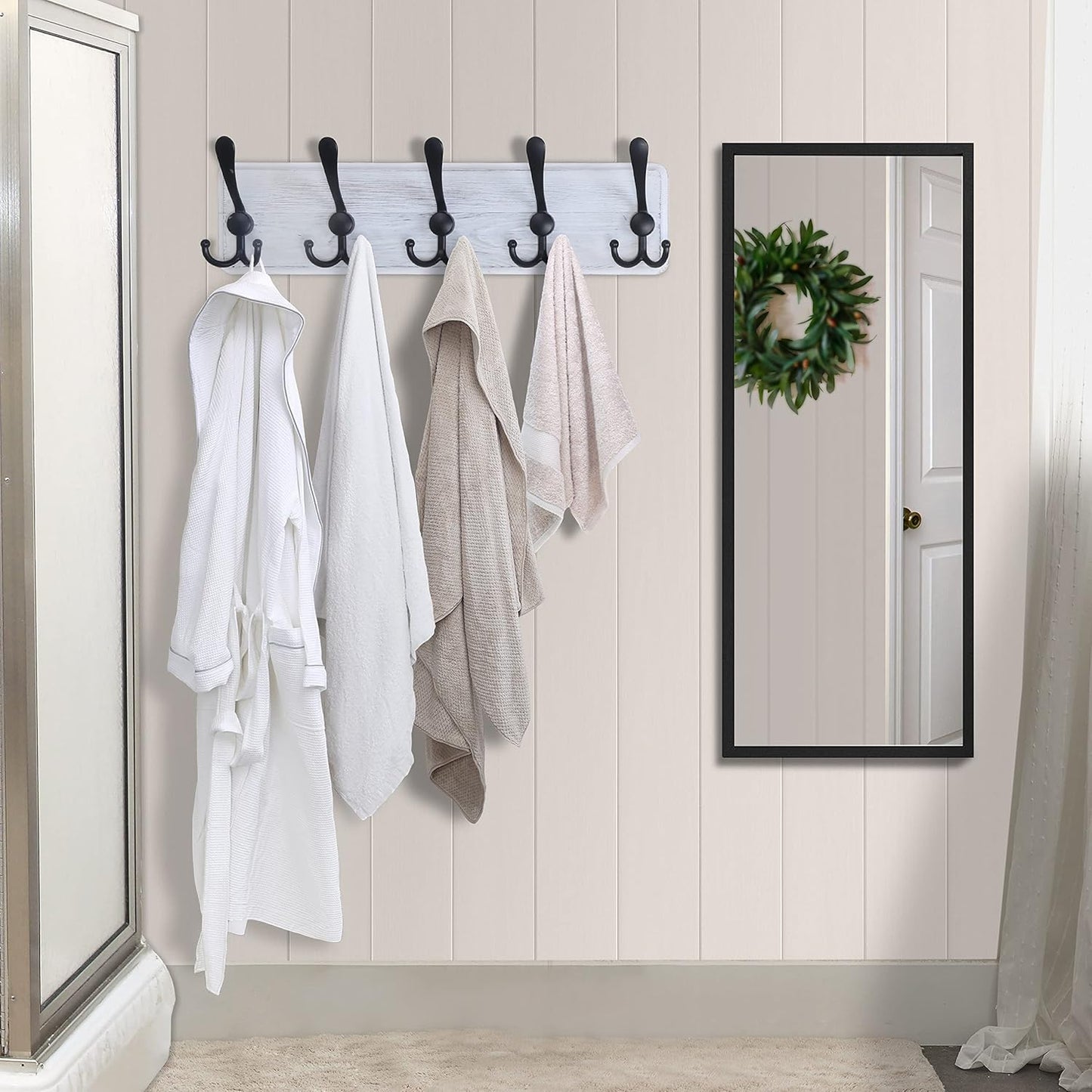 Dseap Coat Rack Wall Mounted - 5 Tri Hooks, Heavy Duty, Wooden Wall Coat Hanger Coat Hook for Clothes Hat Jacket Clothing, White & Black, Pack of 2