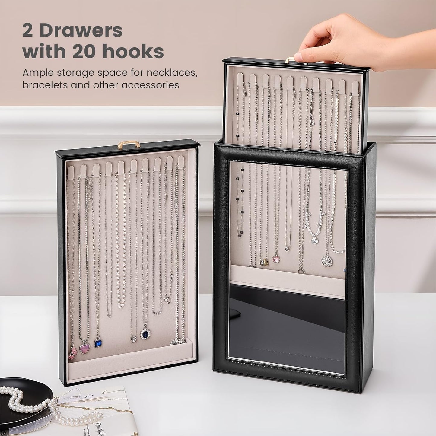 Lolalet Necklace Organizer Box, 2-Layer Jewelry Storage Boxes with Clear Lid for Necklaces, Tangle-Free Necklace Display Case for Women Girls -Black