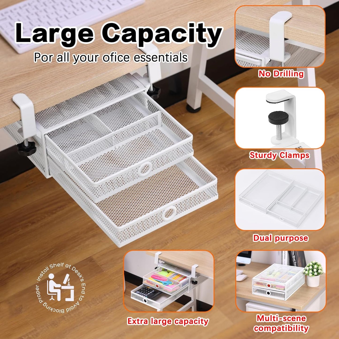 ROSYLINE Under Desk & Desktop Drawer Organizer - 2-Tier Metal Slide Out Drawers Organizer, Storage for Home Office Desk (White)