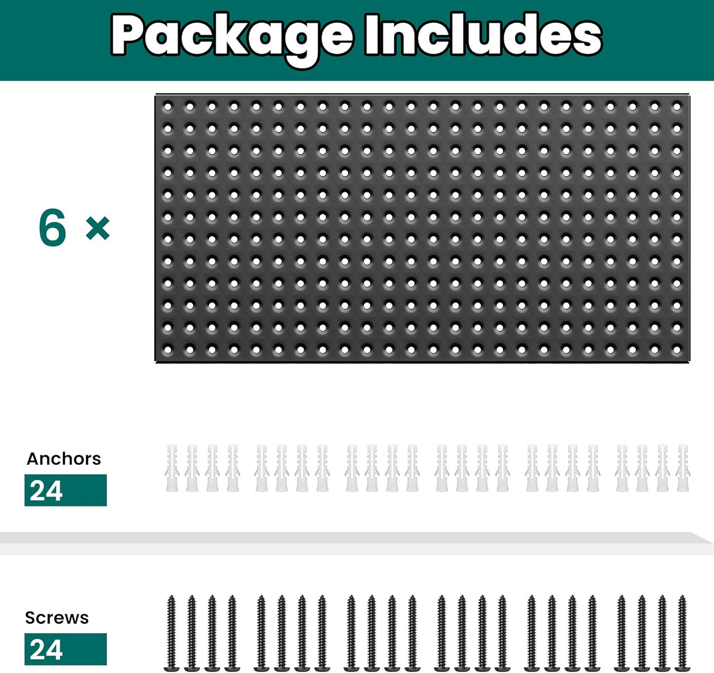 EVERHANGER Metal Pegboard Panels 24" x 12", Heavy Duty Steel Peg Boards for Garage, Pegboard Wall Organizer for Tool Storage and Organization, Black, 6 Pack