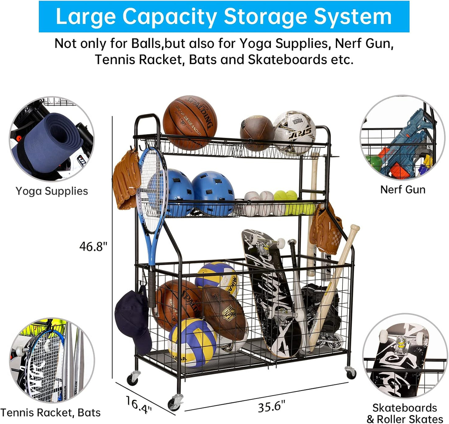 Kinghouse Garage Sports Equipment Organizer, Ball Storage Rack, Toy Storage, Nerf Gun Organization on Wheels for School, Garage, Black, Steel (Black)