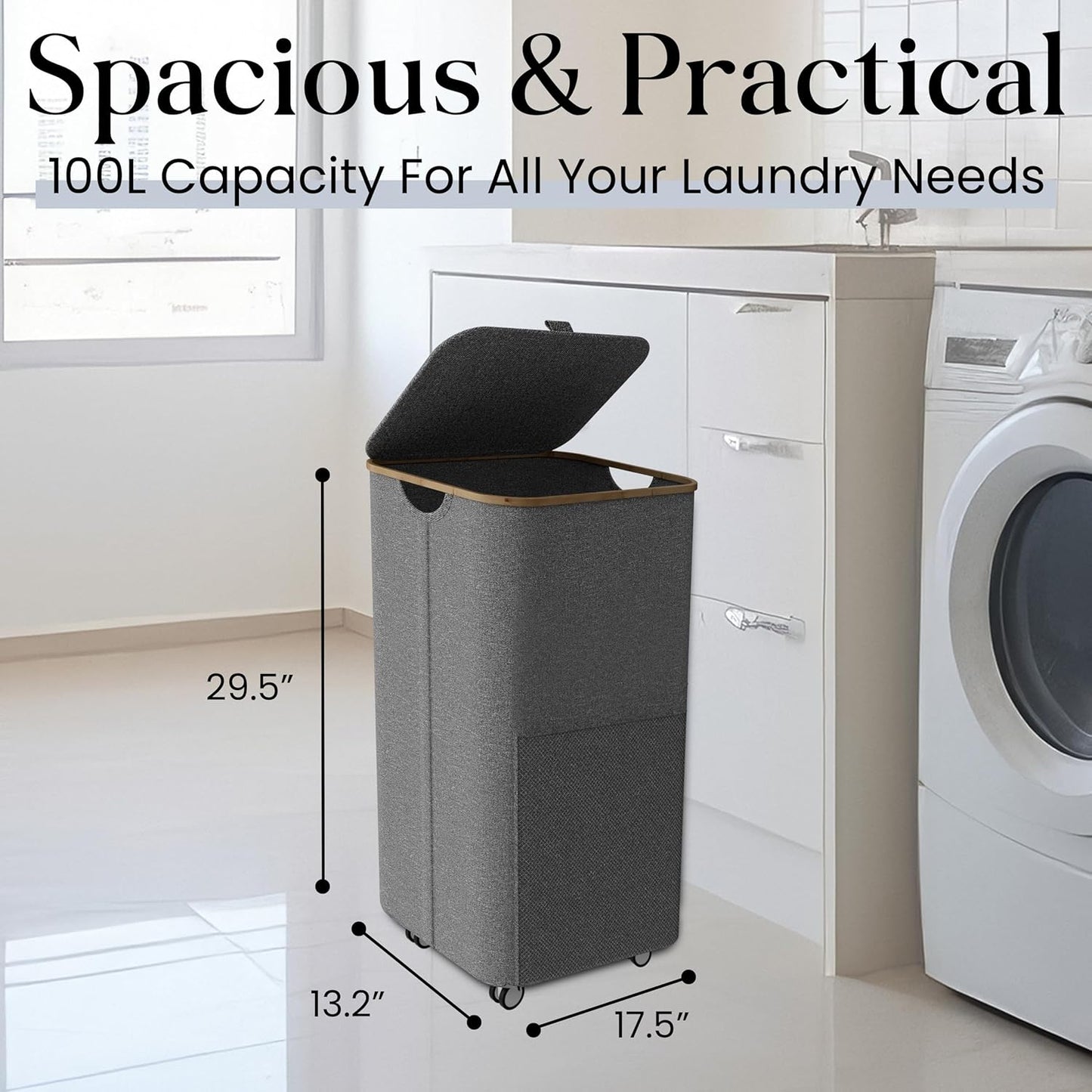Laundry Basket with Wheels and Handle - 100L Bamboo-Fabric Laundry Hamper with Lid, Front Mesh Pocket, Travel Bag, Sturdy Wheels, Gray