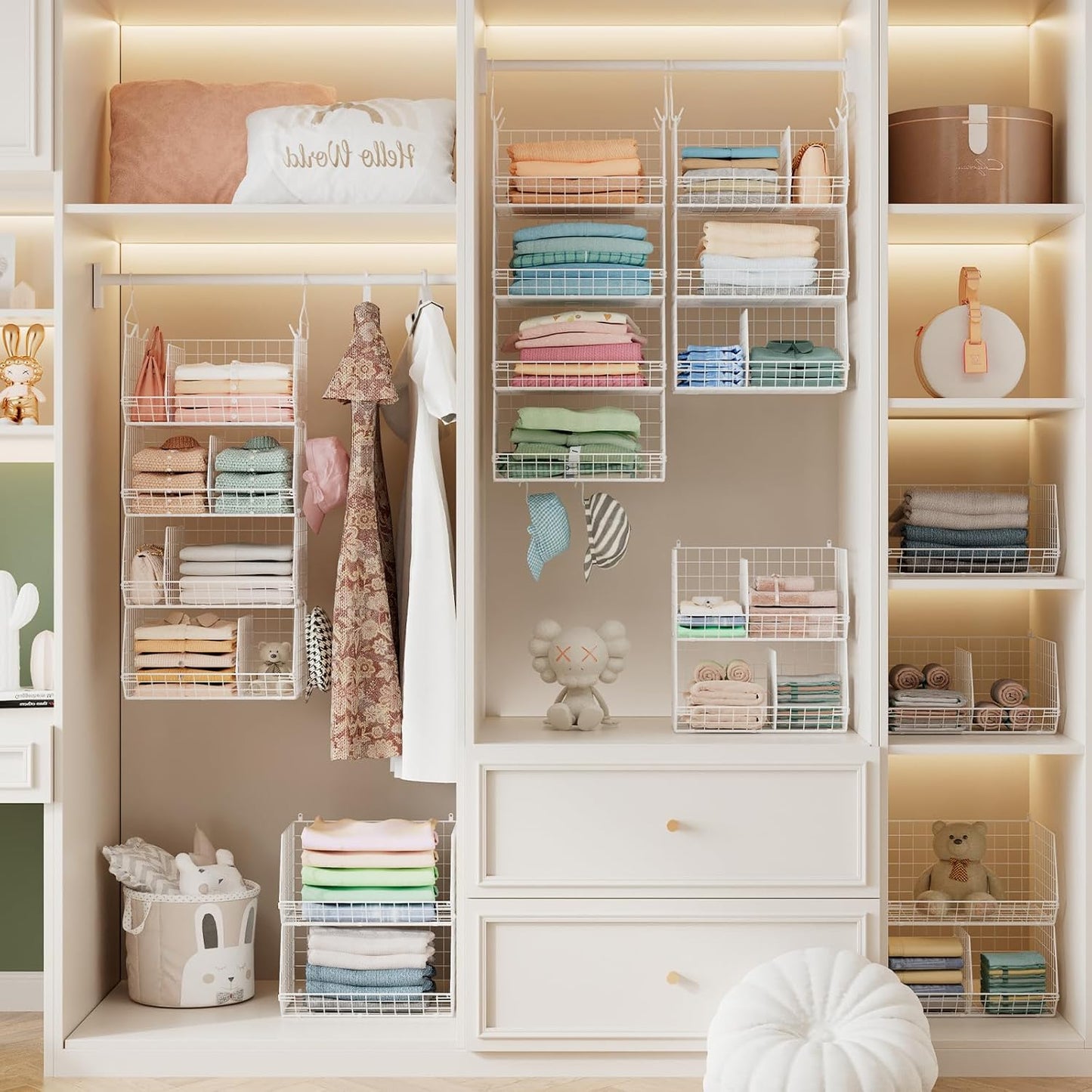 4 Tier Extra Large Hanging Closet Organizer,Closet Organizer Hanging with 5 S Hooks 4 Dividers,Clothes Organizer Clothing Sweaters Clutches Handbags Hats Accessories-White