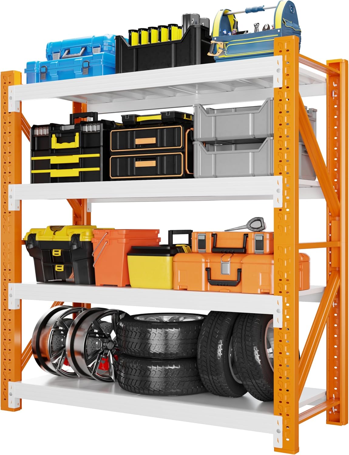 5000LBS Garage Shelving 59" W Garage Shelving Heavy Duty 4-Tier Metal Storage Shelves Adjustable Shelf Unit Storage Rack for Basement Supermarket Warehouse 59" W x 20" D x 78" H Orange-White