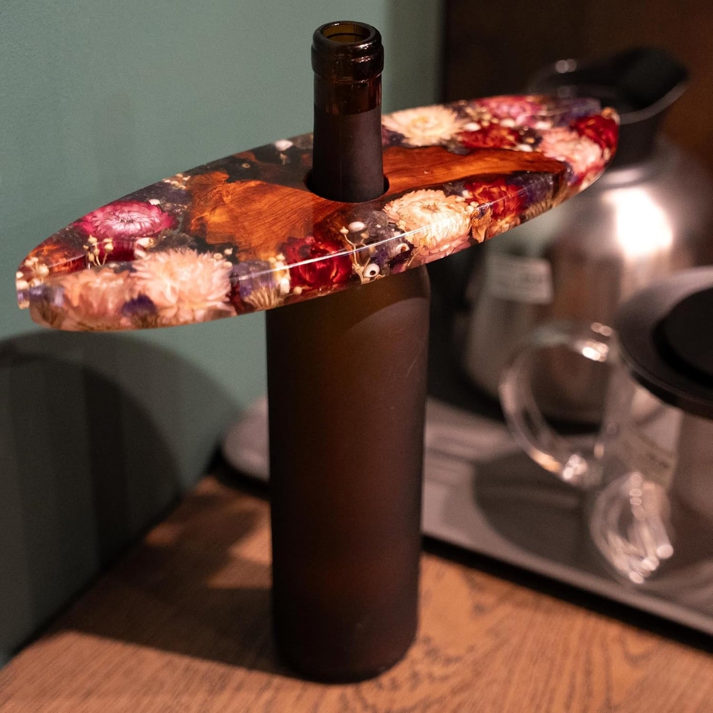 Handcrated Wood Wine Bottle & Glass Holder with Flowers Preserved, Vintage Countertop Stand for 1 Bottle & 2 Glasses, Unique Wine Caddy for Home Bar, Gift for Wine Lover