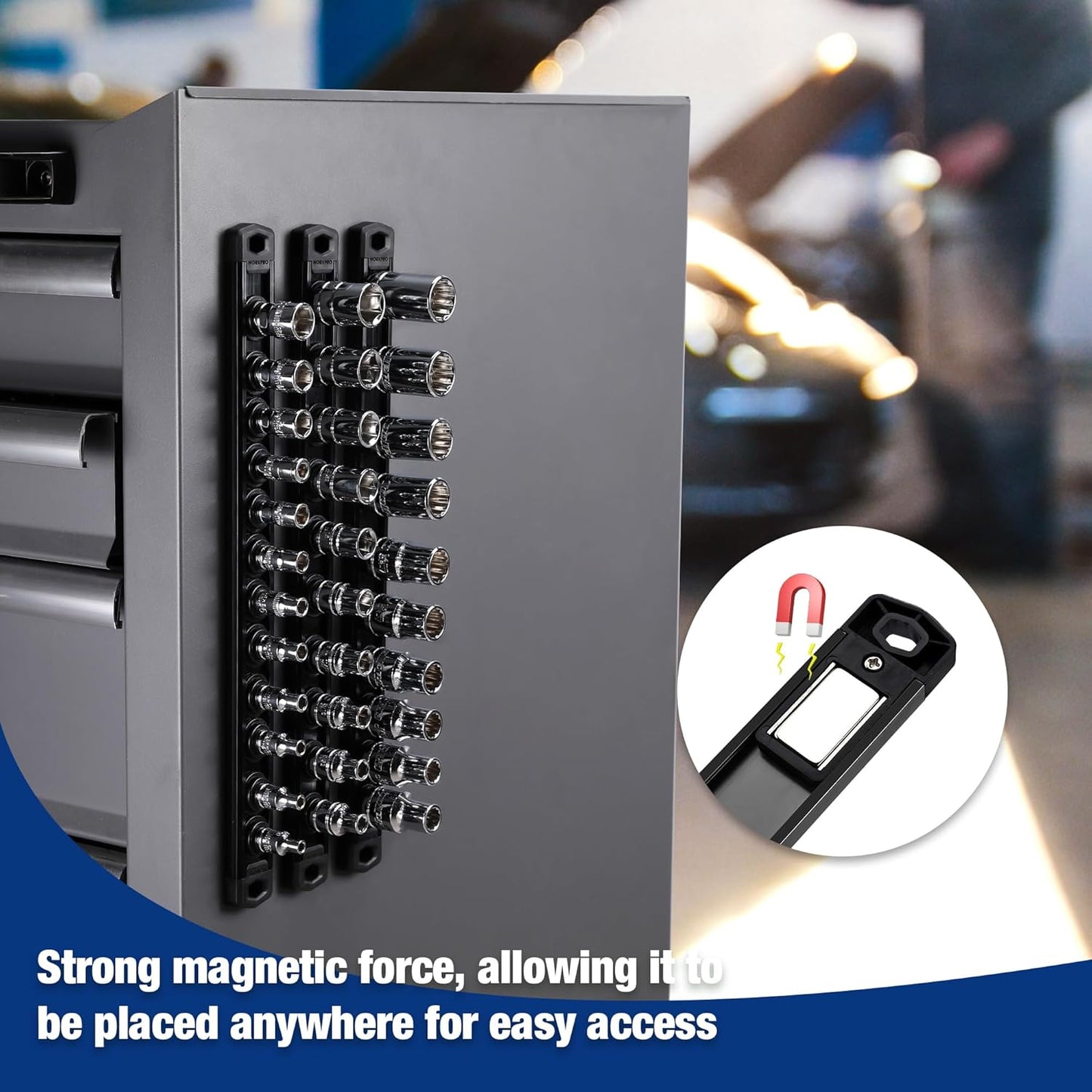 WORKPRO Magnetic Socket Organizer, 1/4-Inch Drive Aluminum Alloy Socket Rail, Heavy Duty Socket Holder, Socket Rack Kit 1/4-Inch x 12 Clips Black (Socket not Included)