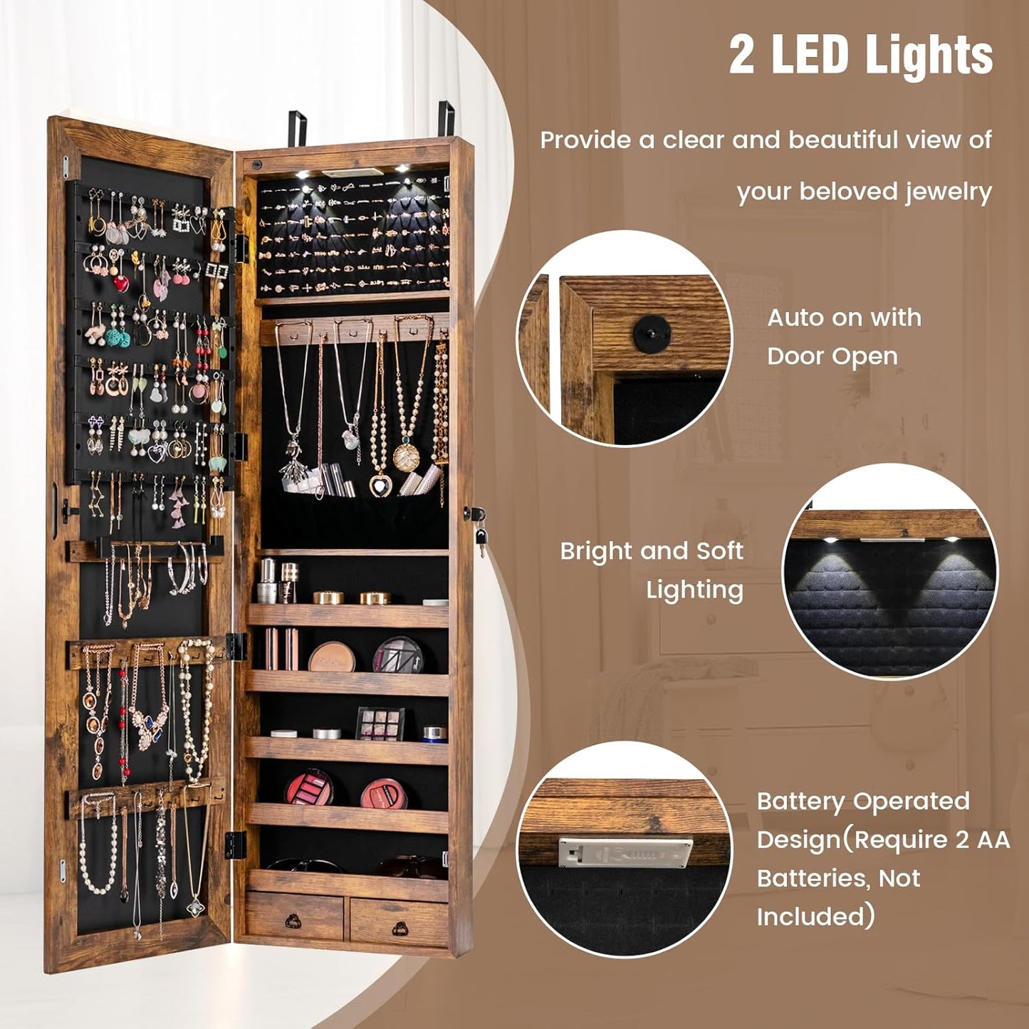 HAPPYGRILL Over the Door Jewelry Organizer, Hanging Jewelry Storage Cabinet w/Full-Length, Inner Makeup Mirror, Earring Shelves, Ring Slots, 25 Necklace Hooks, Wall Mounted Jewelry Armoire for Women