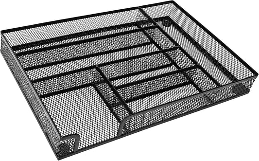 Metal Mesh Desk Drawer Organizer Tray, 6-Compartment Office Drawer Organizer for Pens Supplies, 12.6"x8.27"x1.57" Black
