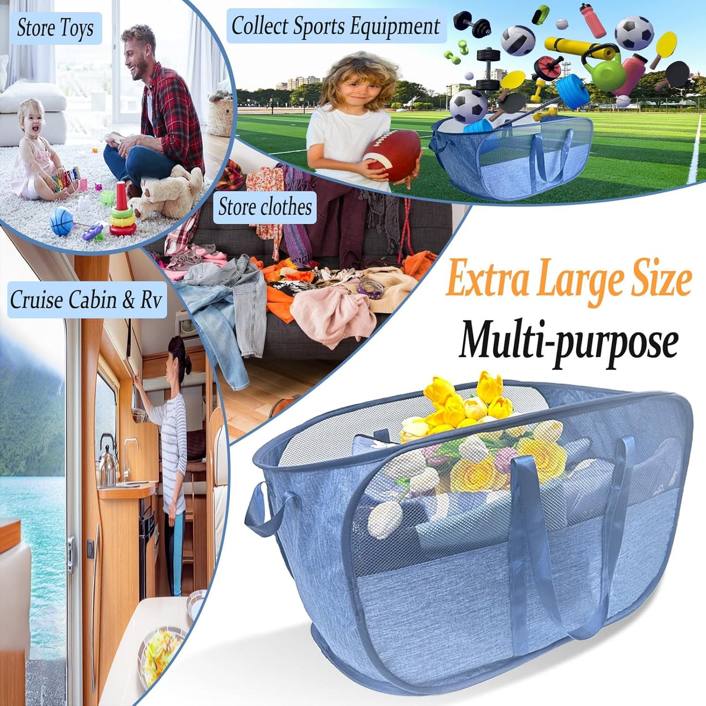 100L Collapsible Laundry Baskets 2 Pack, Extra Large Mesh Pop Up Laundry Hamper, Dirty Clothes Hamper with Reinforced Handles, Folding Hampers for Travel. Dorm or Home Portable Laundry Baskets. Blue