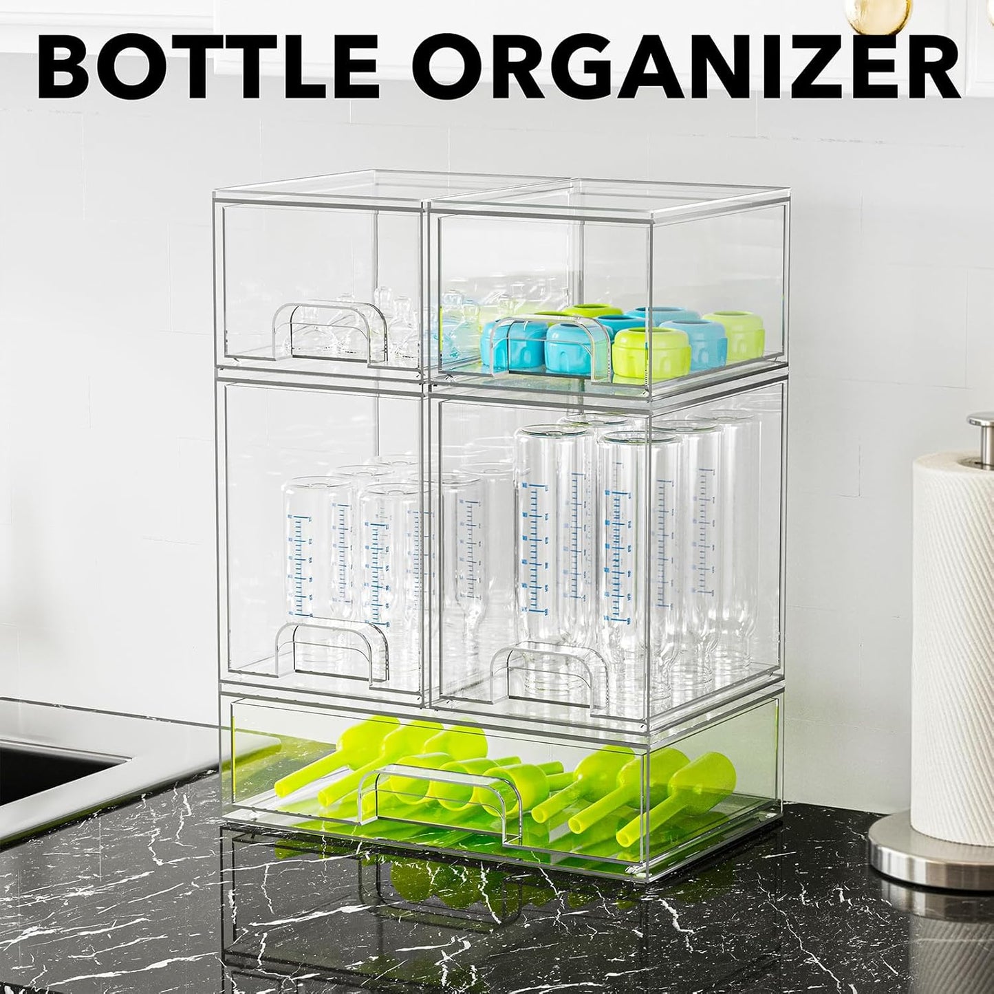 SpaceAid Bottle Storage Organizer Baby - Acrylic Bottles Station Organizer Container, Stackable Clear Drawers for Countertop, Vanity, Bathroom, Cabinet, Pantry Organization, 5 Pack, 2S2M1L, 15.4" H