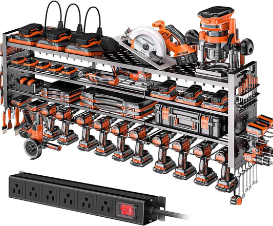 49.8" W Power Tool Organizer Wall Mount with Charging Station, Large Garage Organization with 12 cordless Drill Holder, 4 Layers Tool Organizers and Storage, Tool Rack with 6 Power Strip, Black
