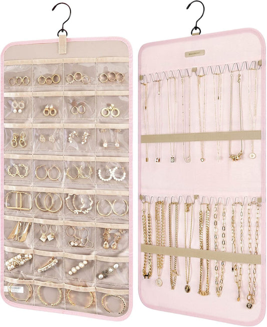 BAGSMART Hanging Jewelry Organizer Storage Roll with Hanger Metal Hooks Double-Sided Jewelry Holder for Earrings, Necklaces, Rings on Closet, Wall, Door, 1 piece, Medium, Pink