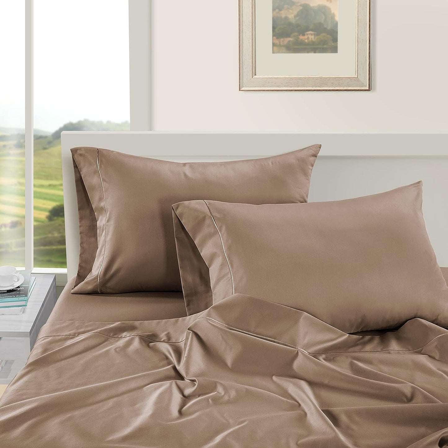 LANE LINEN Pillows Standard Size Set of 2, Soft 100% Egyptian Cotton Sateen, 1000 Thread Count, Cool & Smooth Pillowcases Queen - Taupe