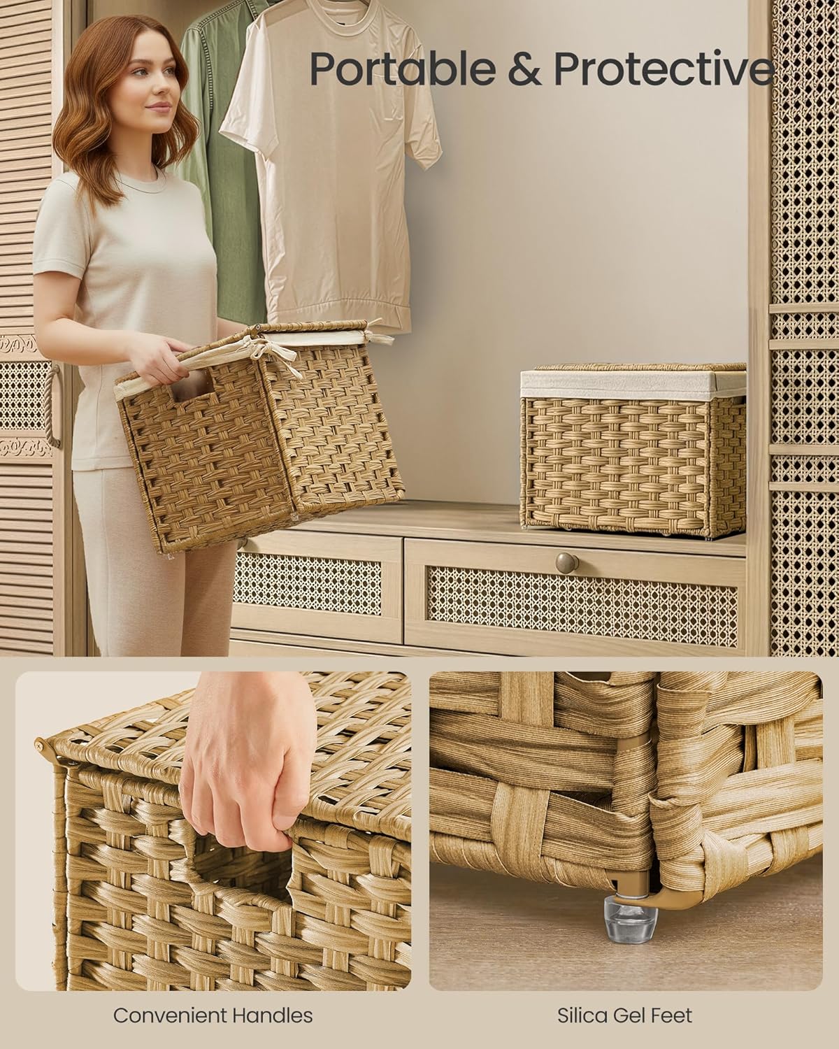 SONGMICS Storage Basket with Lid, Woven Blanket Storage Bin with Handles, Foldable, Removable Liner, Metal Frame, for Bedroom, Laundry Room, 9.2 Gallons (35 L), Natural URST040YE01