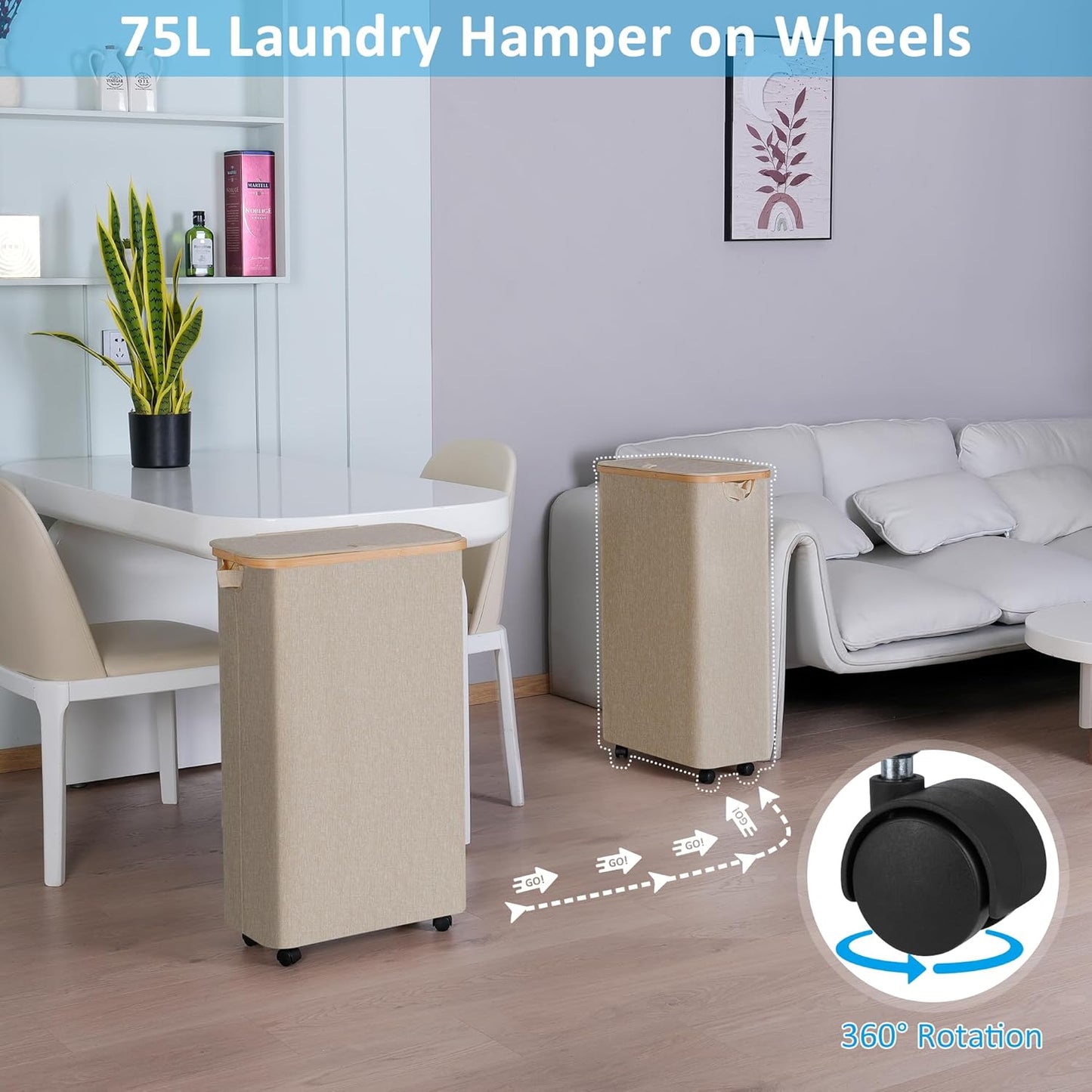 efluky Laundry Basket with Wheels, Tall Rolling Laundry Hamper with Lid and Removable Bag, Aesthetic Dirty Clothes Hamper on Wheels for Laundry Room, Bedroom, Dorm and Bathroom, 75L Oatmeal