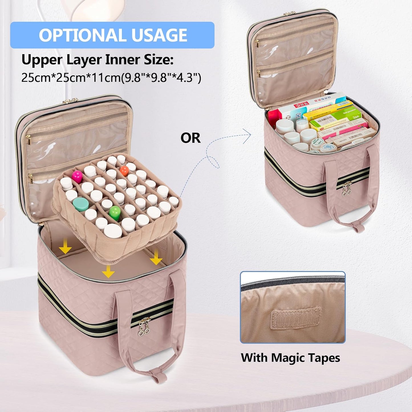 Yarwo Pill Bottle Organizer Storage Bag, 3 Layers Medicine Travel Case Empty with Demountable Design and Dividers for Pills, Potions, Vitamins and Emergency First Aid Supplies, Dusty Rose (PATENTED)