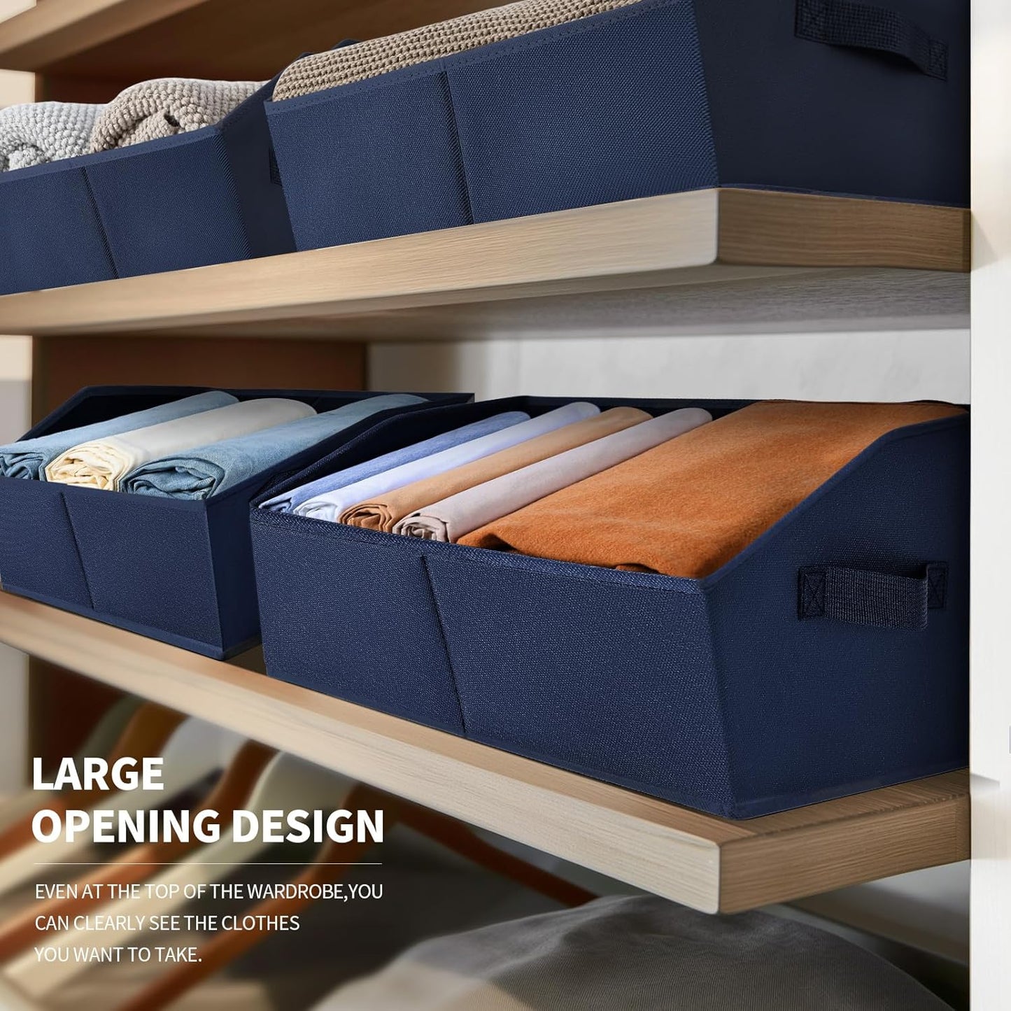Closet Baskets for Shelves Trapezoid - Decorative Storage Baskets with Handle, Closet Bins for Organization, Shelf Storage Bins for Clothes, Books, Home, Office, 8 Pack, Navy Blue