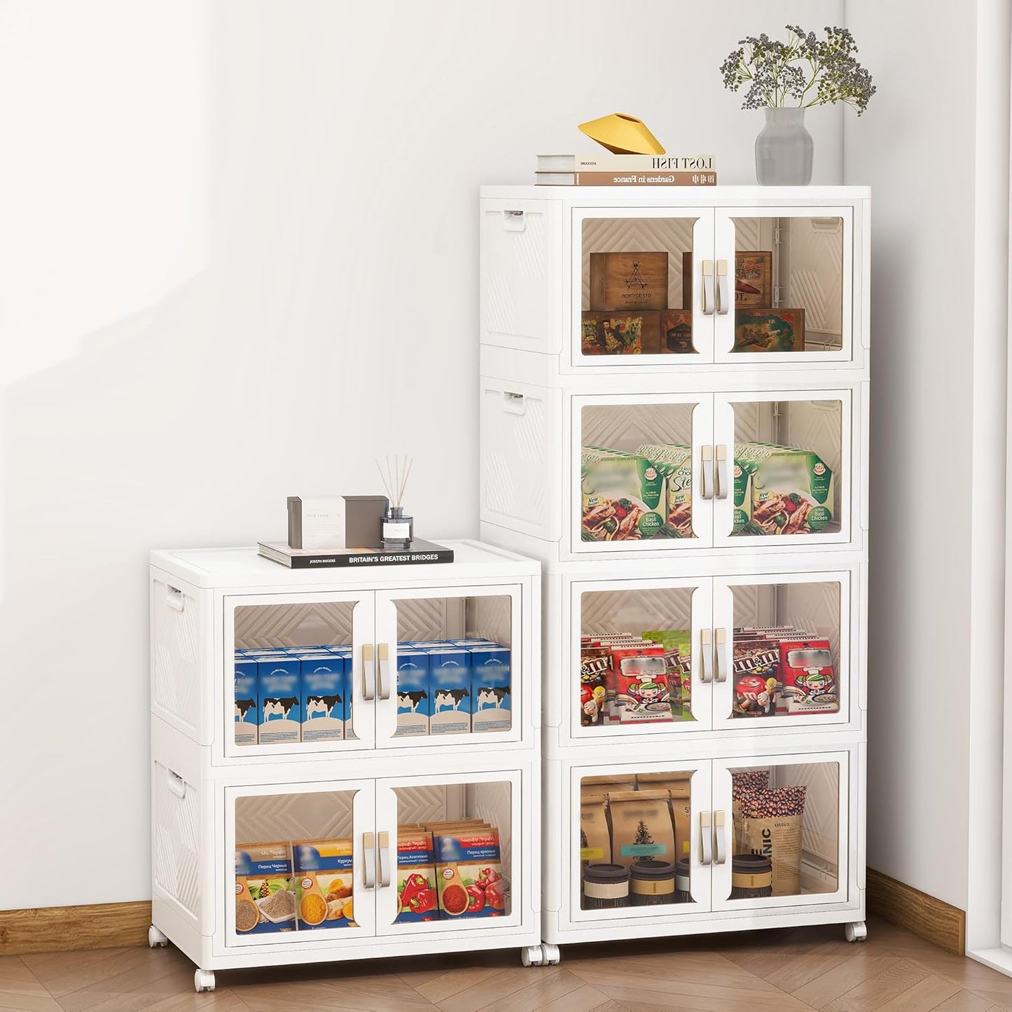 Large Clear Stackable Storage Bins with 2 Lids, Foldable Storage Cabinet for Closet Organizers and Storage, Plastic Storage Box with Wheels 270 QT