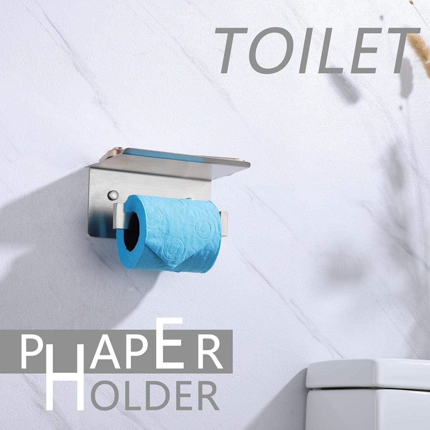 LANC Toilet Paper Holder with Shelf Brushed Nickel Toilet Tissue Roll Holder with Shelf for Bathroom Wall Mounted or Self-Adhesive Toilet Paper Roll Holder Stainless Steel, Left Rod, A8367BN-LF